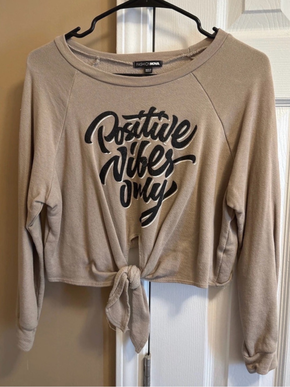 Fashion Nova Taupe Tie-Front Sweatshirt with Black Script